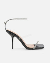 Zayla Clear Black Faux Snake Stiletto Heeled Sandals