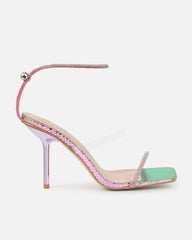 Zayla Clear Pink And Green Iridescent Faux Snake Stiletto Heeled Sandals