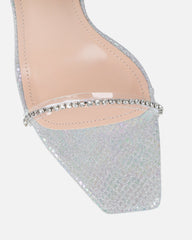 Emeriee Clear Silver Glitter Faux Snake Diamante Heeled Sandals