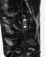 Oakley Black Faux Croc Block Heel Knee High Boots