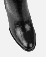 Oakley Black Faux Croc Block Heel Knee High Boots