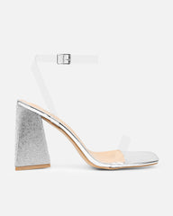 Perri Clear Silver Mirror Diamante Block Heeled Sandals