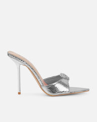 Phoeniz Silver Metallic Snake Heart Diamante Mules