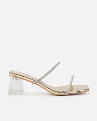 Paytoni Gold Mirror Clear Block Heel Diamante Mules