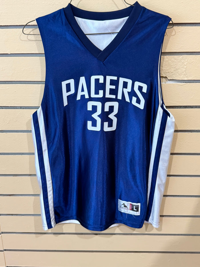 Royal Blue and White reversible youth basketball jersey size large featuring "PACERS 33,"