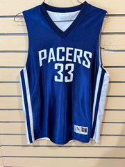 Royal Blue and White reversible youth basketball jersey size large featuring "PACERS 33,"