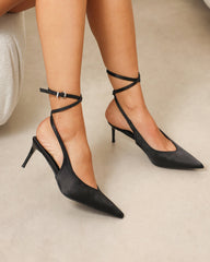 Sonika Black Satin Strappy Slingback Court Shoes