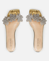 Abbie Gold Mirror Flower Diamante Flat Sandals