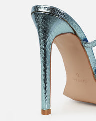 Scorpius Blue Metallic Diamante Snake Stiletto Heeled Sandals