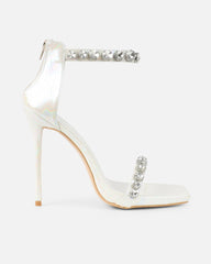 Shivi White Faux Snake Diamante Heeled Sandals
