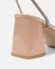 Ciel Nude Patent Diamante Low Block Heeled Sandals
