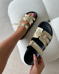 Adelle Gold Chunky Velcro Strap Flat Sandals