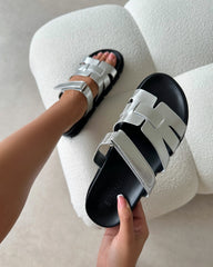 Adelle Silver Chunky Velcro Strap Flat Sandals