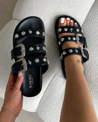 Edda Black Western Chunky Slide Sandals