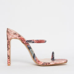 Cyan Pink Snake Toe Loop Slim Block Heels