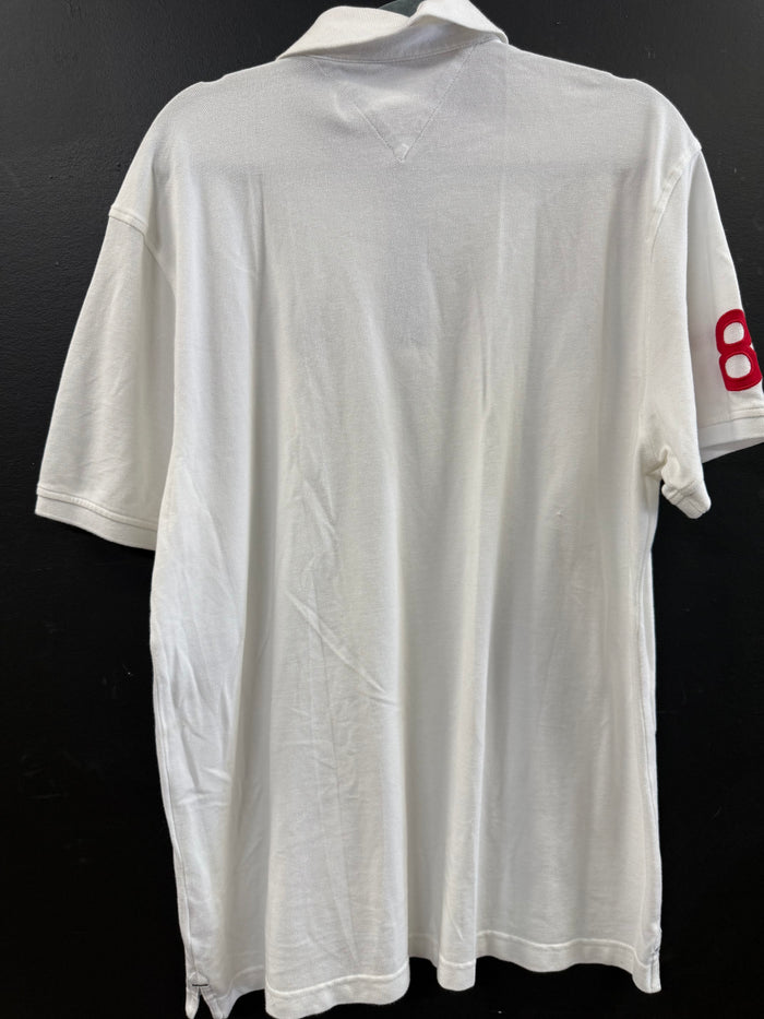 White Tommy Hilfiger custom-fit pique polo shirt size xl with a navy blue embroidered "H" logo